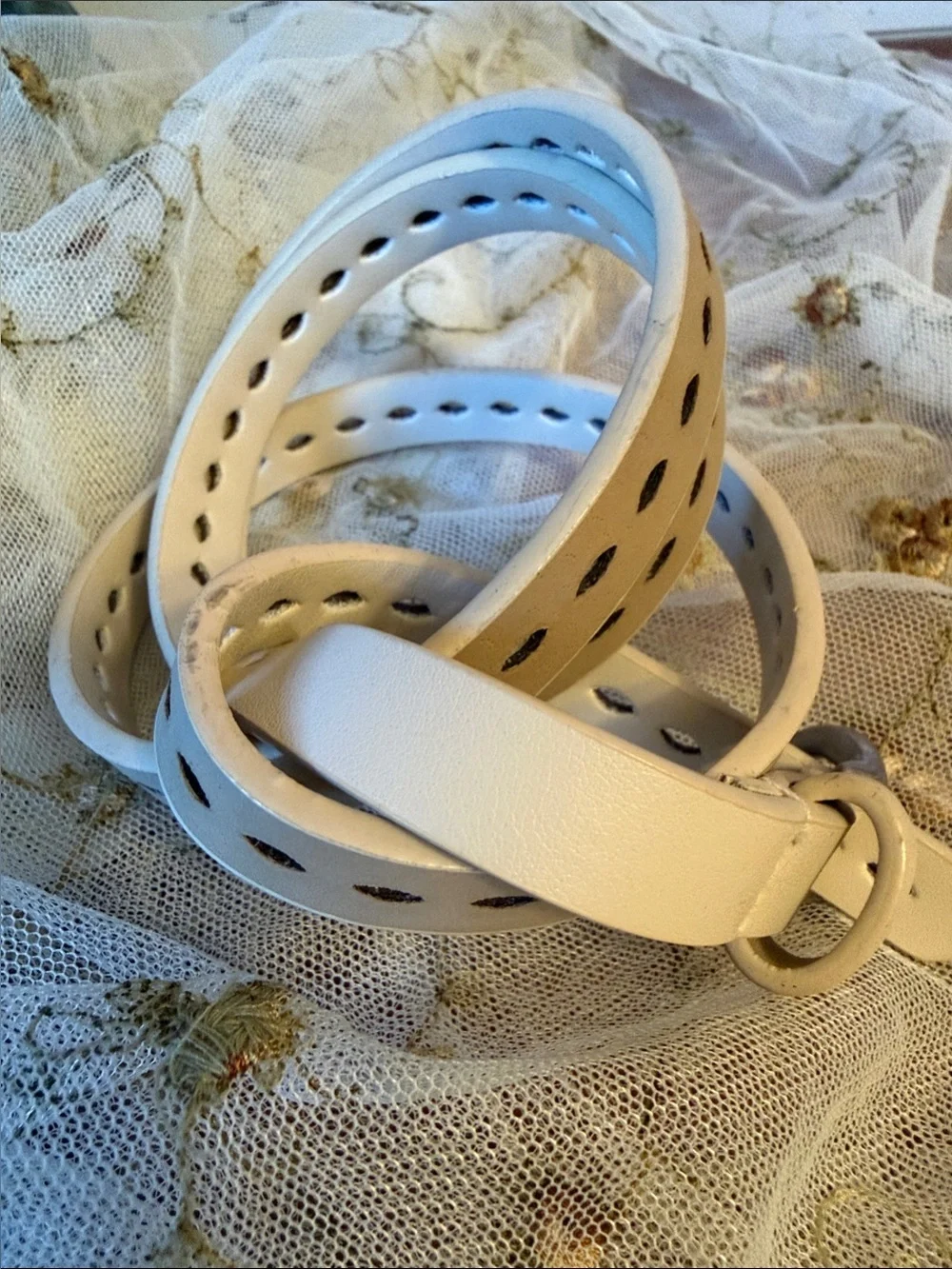 Cream Cutout Leather Women's Belt with Silver Buckle